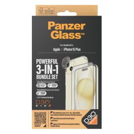 PanzerGlass Protector de Pantalla Vidrio Templado 9H para iPhone 15 Plus - Kit 3 en 1 con Aplicación en Seco, Resistente a Golpes y Anti-huellas