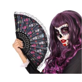 Abanico Negro con Calaveras Coloridas y Encaje, Accesorio para Disfraz de Catrina Día de Muertos Precio: 1.98999988. SKU: B1G8FNRWFT