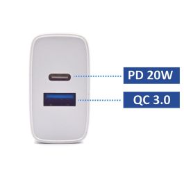 Ewent EW1321_R1 Cargador Universal 20W Carga Rápida USB-C PD PPS QC3.0 USB-A GaN Blanco para iPhone y Android