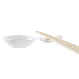 DKD Home Decor Set de 12 Sushi Oriental Blanco Natural Gres Bambú 20.3 x 2.5 x 27.3 cm