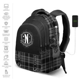 Karactermania Miércoles Run. Plus FAN Chain Mochila, Negro, Ripstop, 3 Compartimentos, USB, 44x34x21 cm