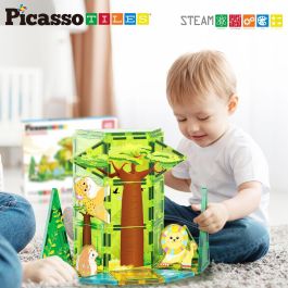 PICASSO TILES Bloques Magnéticos Safari, 48 Piezas de Construcción + 8 Figuras de Animales, para Niños +3 Años