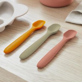 Tom et Zoe Juego de 3 Cucharas de Silicona para Bebé, Colores Surtidos (Gris, Amarillo, Azul, Rosa)