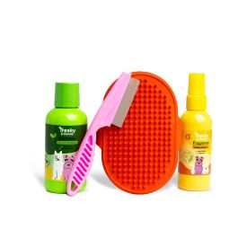 Tresky & Friends Set de Limpieza y Baño para Mascotas 4 pz: Champú, Fragancia, Peine y Cepillo para Perros