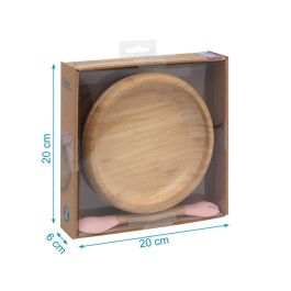 KioKids Set Vajilla Infantil Silicona y Bambú Rosa con Cuchara-Tenedor 2 en 1 Antideslizante para Bebés +4 meses Ecológico