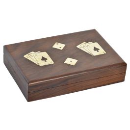 DKD Home Decor Juego Colonial de Cartas y Dados, Hecho a Mano en Sheesham y Latón, Set de 3 Piezas, Marrón Oscuro Dorado 12x4x18 cm
