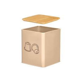 Kinvara Tarro Cuadrado con Tapa de Bambú para Cápsulas, Metálico, Color Beige, 14x16.8x14 cm (Set de 12)