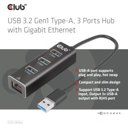 Club3D Hub USB 3.2 Gen 1 Tipo-A con 3 Puertos y Adaptador Gigabit Ethernet, Negro, Conectividad Alámbrica