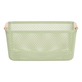 Kipit Cesta de Plástico con Asa de Bambú Verde 36x22 cm para Almacenamiento, Material PP y Bambú (Set de 24)