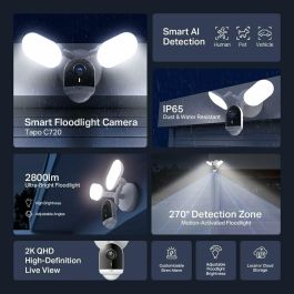 Tp-link Cámara de Seguridad Wifi Tapo C720 Exterior IP QHD 2K, Visión Nocturna IR, Foco LED 2800lm, Audio Bidireccional, Resistente IP65