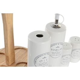 DKD Home Decor Aceitera Vinagrera Blanco Gres y Madera Set de 4 Piezas 15 x 22 x 18 cm