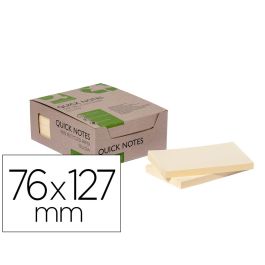 Bloc De Notas Adhesivas Quita Y Pon Q-Connect 76x127 mm 100% Papel Reciclado Amarillo En Caja De Carton 12 unidades