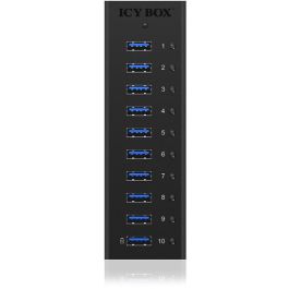 ICY BOX IB-AC6110 Hub USB 3.2 Gen 1 de 10 Puertos Tipo-A, Aluminio, con Fuente de Alimentación, 5000 Mbit/s, Negro