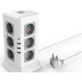Q-connect Regleta Múltiple 16 en 1 con 12 Tomas de Corriente, 3 USB y 1 USB-C, Cable 2m, 120x120x210mm