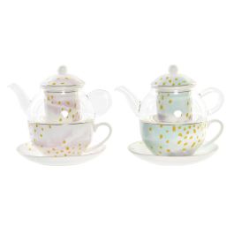 DKD Home Decor Tetera Glam de Cristal y Porcelana 250ml Rosa Verde Menta (2 Unidades Surtidas) Apta Microondas y Lavavajillas
