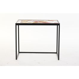 DKD Home Decor Mesita Auxiliar Tropical Amarillo Negro Metal Cristal Hojas 40x50x60 cm Set 3