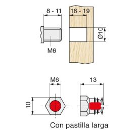 Herrajes Alk M612PA Tuerca Expansible ESPANDER 10 de Latón M6x13 para Taladro Ø10mm con Pastilla.