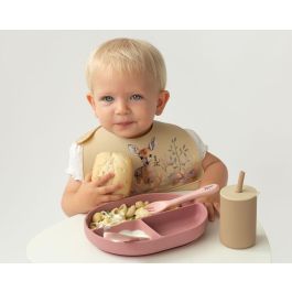 KioKids Set Cubiertos y Bandeja BLW en Silicona con Ventosa y Divisiones Rosa +6 Meses