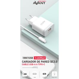 AVANT CONNECT Cargador USB 18W QC3.0 3.4A con Cable Tipo-C para Carga Rápida