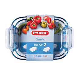 Pyrex Set 2 Fuentes Horno Classic Vidrio Borosilicato Transparente 39x27x8 cm - Resistentes a Rayaduras, Apto Lavavajillas