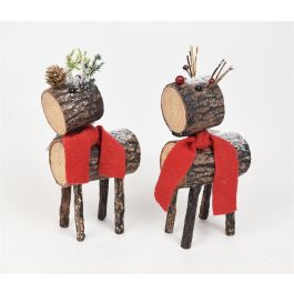 DKD Home Decor Figura Decorativa de Navidad Reno Alpina de Abedul y Purpurina Natural y Rojo 9x23x10 cm (Pack de 2 Unidades)