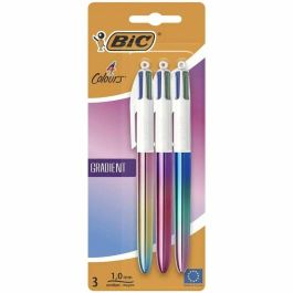 Bic 511030 Bolígrafos Retráctiles 4 Colores, Tinta Azul Rojo Verde Negro, Punta Media 1.0 mm, Cuerpo Degradado - Pack 3
