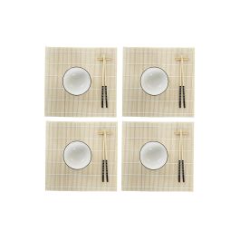 DKD Home Decor Set 16 Piezas Bambú Gres Blanco Negro Sushi Oriental 14.5 x 14.5 x 31 cm