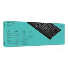 Logitech K280e Teclado USB, Resistente a salpicaduras, Reposamuñecas, Teclas silenciosas, Tamaño completo, Distribución US, Negro