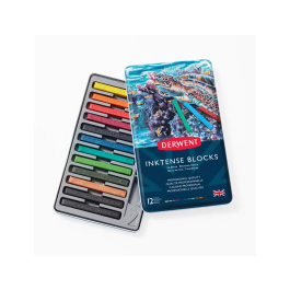Derwent Barra Acuarelable Inktense Caja Metálica de 12 Unidades Colores Surtidos, Trazos Vivos Solubles en Agua