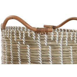 DKD Home Decor Cesta Boho Decorativa de Almacenamiento Hecha a Mano de Seagrass y Ratán, Set de 3, Colores Natural y Blanco, Medidas 45x55x51 cm