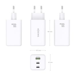 AISENS Cargador GaN 100W, 2x USB-C PD3.0 QC4.0 QC5.0, 1x USB-A QC3.0, Blanco