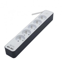 Chacon Regleta de Alimentación 5 Enchufes con 2 Puertos USB, Cable 1.5m HO5VV-F 3x1.5 mm² Blanco y Gris