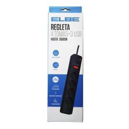 Elbe Regleta RE-002-UN con 4 Tomas AC y 3 USB, 3680W, Cable de 1.8 Metros