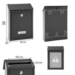 Arregui Buzón Civic para exterior, acero galvanizado, negro, medidas 21,6 x 8 x 30 cm