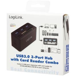 LogiLink CR0042 HUB USB 3.0 de 3 Puertos con Lector de Tarjetas Todo-en-Uno CF/MS Duo/MicroSD, Negro