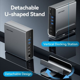 Docking USB Tipo-C Vention TPUH0/ 2xHDMI/ 1xDisplayPort/ 3xUSB Tipo-C/ 5xUSB/ 1xRJ45/ 1xLector de Tarjetas/ 1xJack 3.5/ 1xUSB Tipo-C PD/ Gris