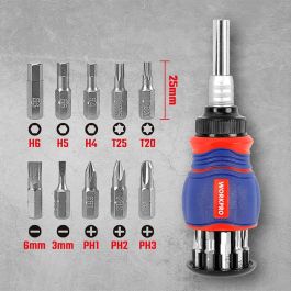 Workpro Destornillador de Carraca. Juego de 11 Piezas con Mango Magnético y Puntas de Cromo Vanadio (Sl3, Sl6, Ph1, Ph2, Ph3, H4, H5, H6, T20, T25) y Barra de Extensión