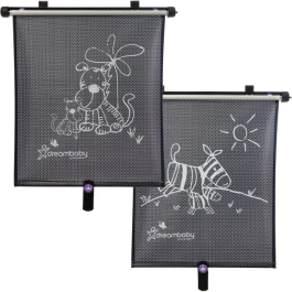 Dreambaby DRE9312742402389 Estor Enrollable para Ventana de Coche Doble Cara Estampado Cebra y Tigre Ajustable 2 Unidades