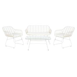 DKD Home Decor Sofá de Terraza y Jardín de Ratán Sintético y Hierro Galvanizado, Blanco, 74x84x124 cm, Set de 4 con Cojines