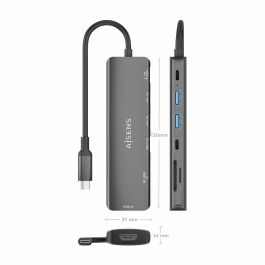 AISENS ASUC-7P026-GR Dock USB-C 7 en 1 Replicador de Puertos para Portátil, HDMI 4K@30Hz, USB-A, USB-C PD 100W, Lector SD/MicroSD Gris