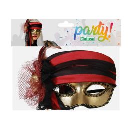 Gafas Antifaz Metálico Dorado con Lazo Rojo y Negro Estilo Pirata para Disfraces de Fiesta, Carnaval y Halloween