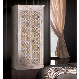 Giner y Colomer Armario Madera Mango con Detalles En Cerámica y Bronce Blanco Envejecido