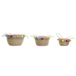 DKD Home Decor Cesta Boho Decorativa Hecha a Mano Seagrass Natural Multicolor con Pompones Set 3 Unidades 45x42.5x57 cm