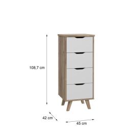 VANKKA Cómoda 4 Cajones - Acabado Roble y Blanco - L 45 x P 42 x H 108 cm - Con Patas