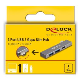 DeLOCK Concentrador USB 3 Port Slim USB Hub con USB Type-C a 1 x USB-C 5 Gbps + 2 x USB-A 5 Gbps, USB 3.2 Gen 1, Gris Metal, Plug and Play