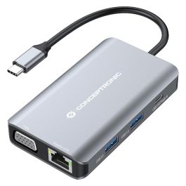 Conceptronic DONN21G Docking Station 7 en 1 USB-C a HDMI 4K, VGA, LAN GbE, USB 3.0 x3, PD 100W, Gris