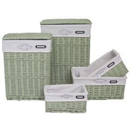 DKD Home Decor Cestas de Ropa para Almacenamiento, Juego de 5 Unidades, Mimbre y Poliéster, Verde, 44x34x56 cm