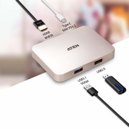 ATEN UH3235 Docking station USB-C 4K Ultra Mini con Power Passthrough de 60W, HDMI, USB 3.2 Gen 1 y USB 2.0, Oro rosa