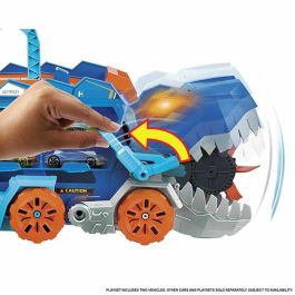 Camión hot wheels city t-rex definitivo. dinosaurio transporte y pista para coches de juguete. incluye 2 vehiculos.
