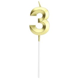 Party Time Vela Aniversario Cifra 3 Oro - Elegante para Celebraciones, 13 cm de Altura
